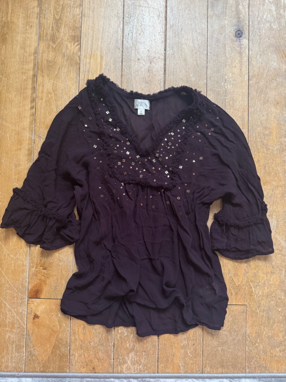 Bila Brown V-Neck Embellished 3/4 Sleeve Blouse